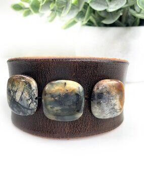 MishaGirl Handmade Distressed Leather Cuff Bracelet, Jade Stone Beads